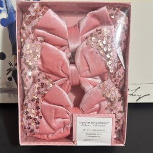 Cupcakes and cashmere set of 6 pink velvet bow with sequins ornaments
